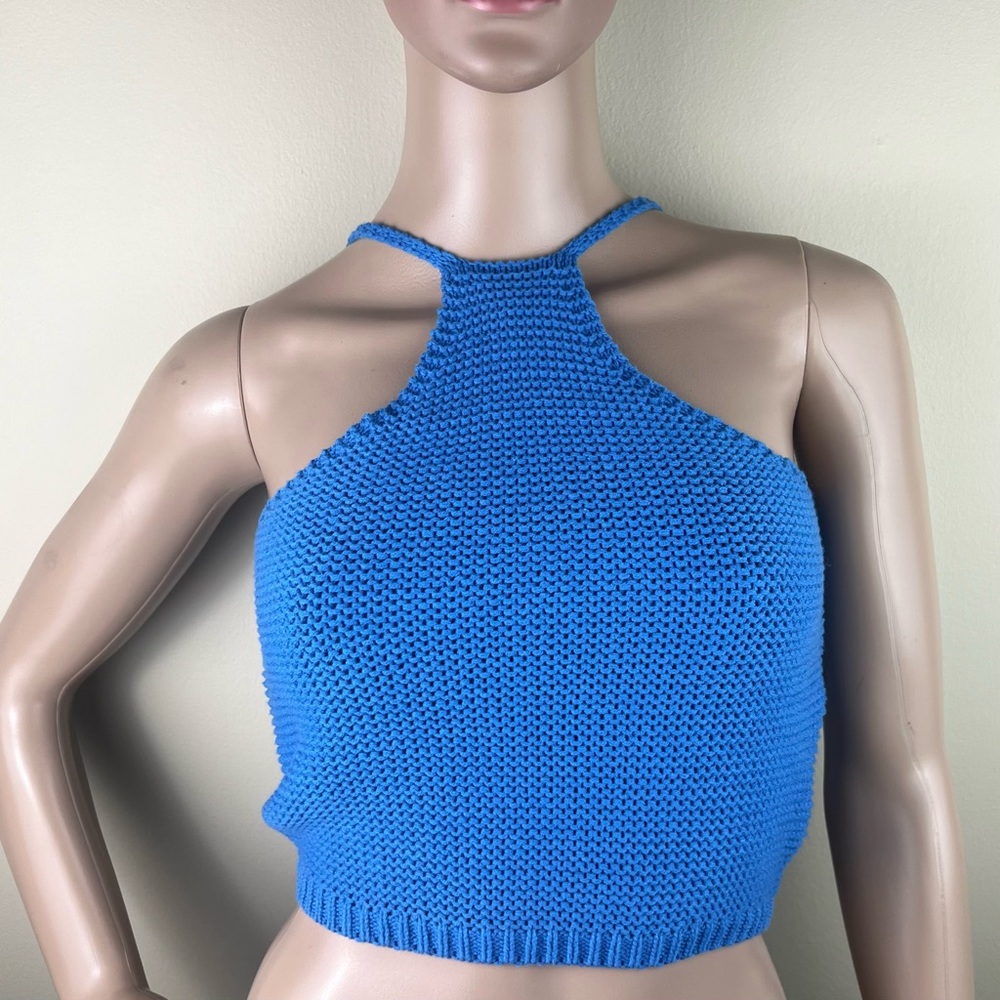 NEW BARDOT BLUE KNIT CROP TOP - Picture 2 of 5